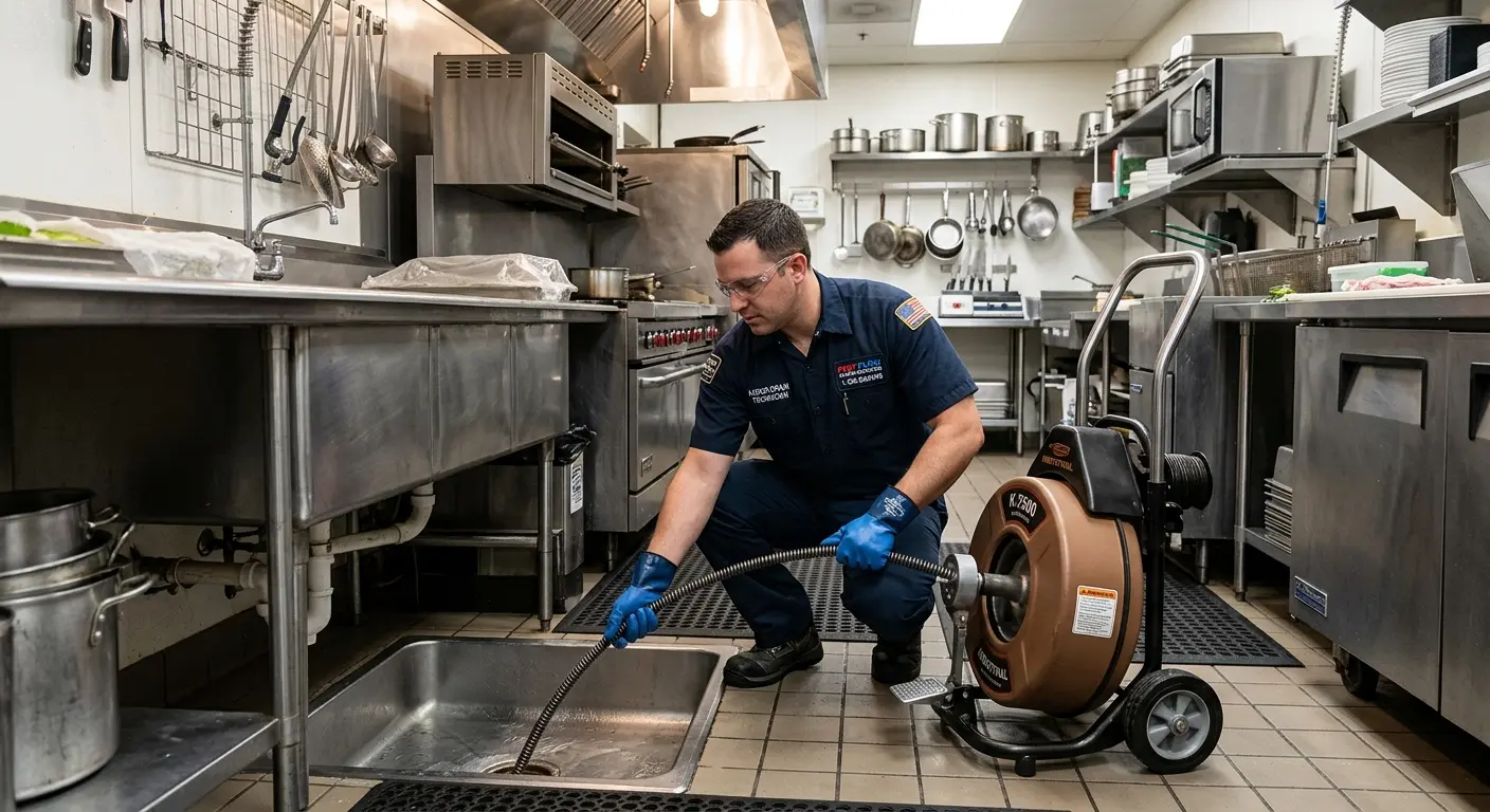 Commercial drain cleaning service in a restaurant kitchen in Granby