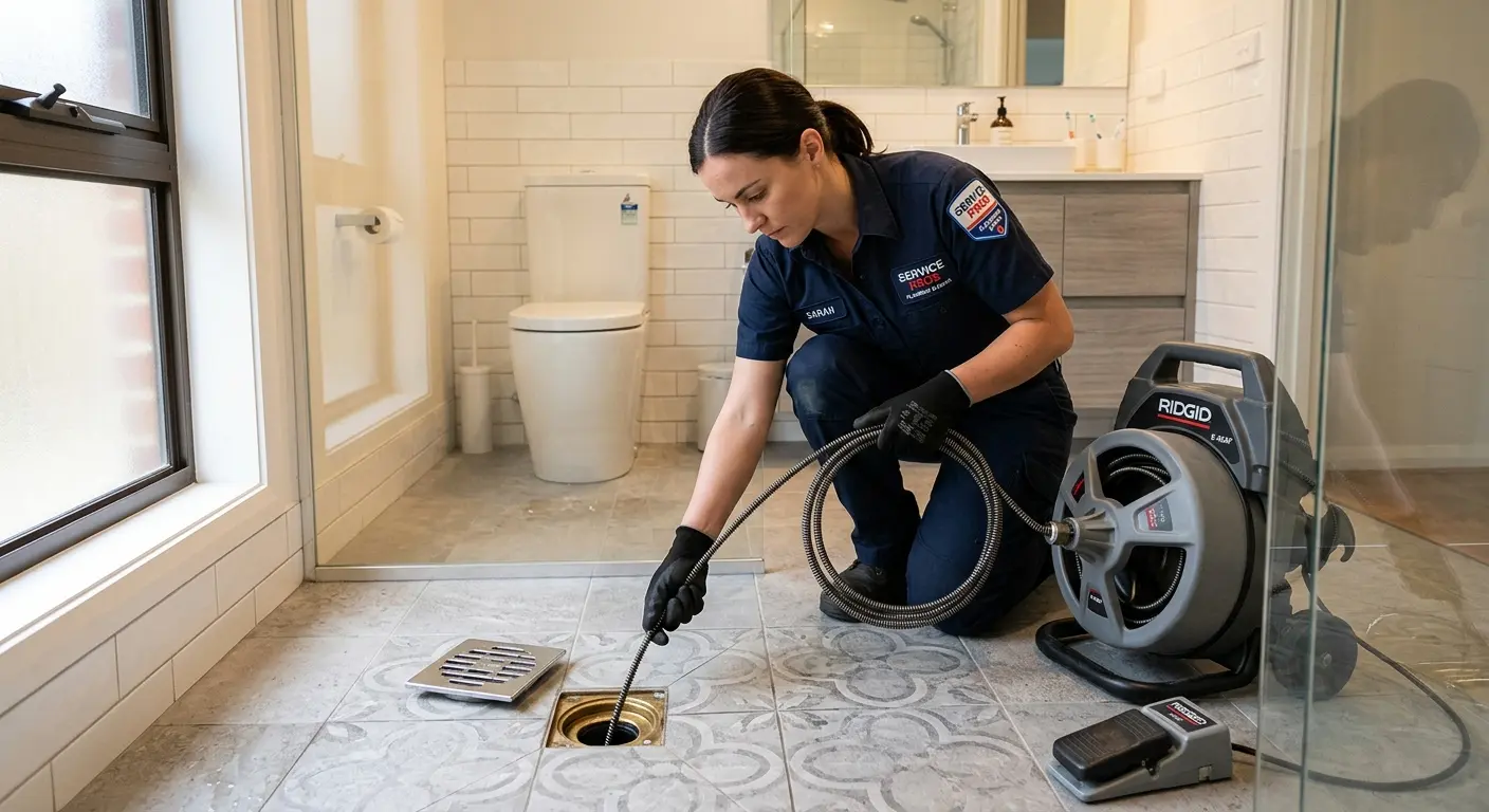 Technician clearing a bathroom floor drain for Drain Cleaning in Granby